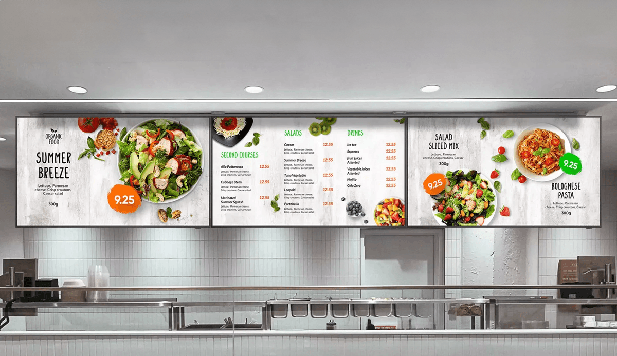 Digital menu board display installation in a commercial venue